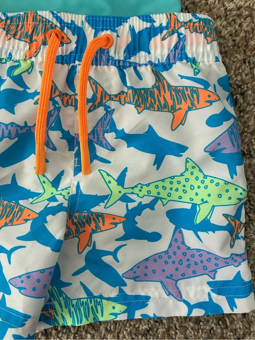 2T Turquoise Short-Sleeve Rash Guard with Shark-Print Swim Trunks